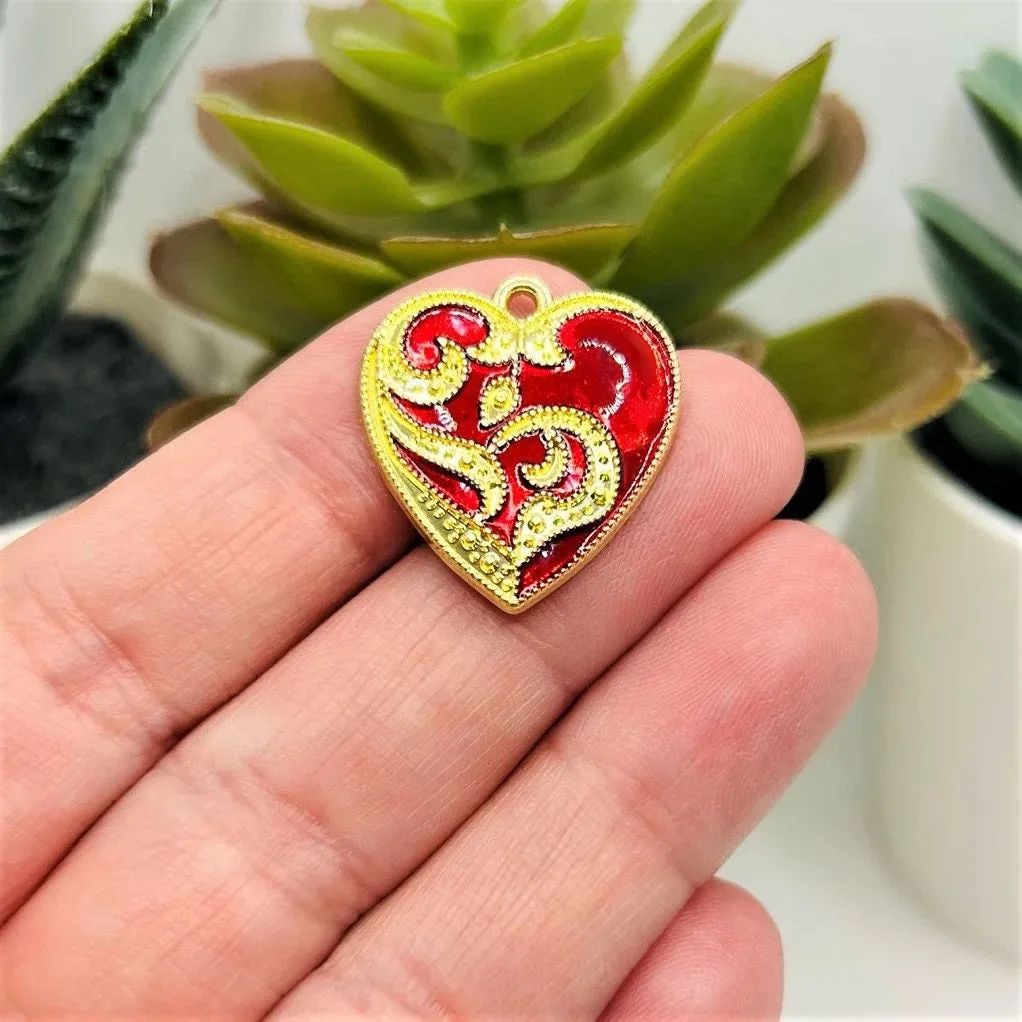 1, 4 or 20 Pieces: Gothic Red and Gold Heart Pendant Charms