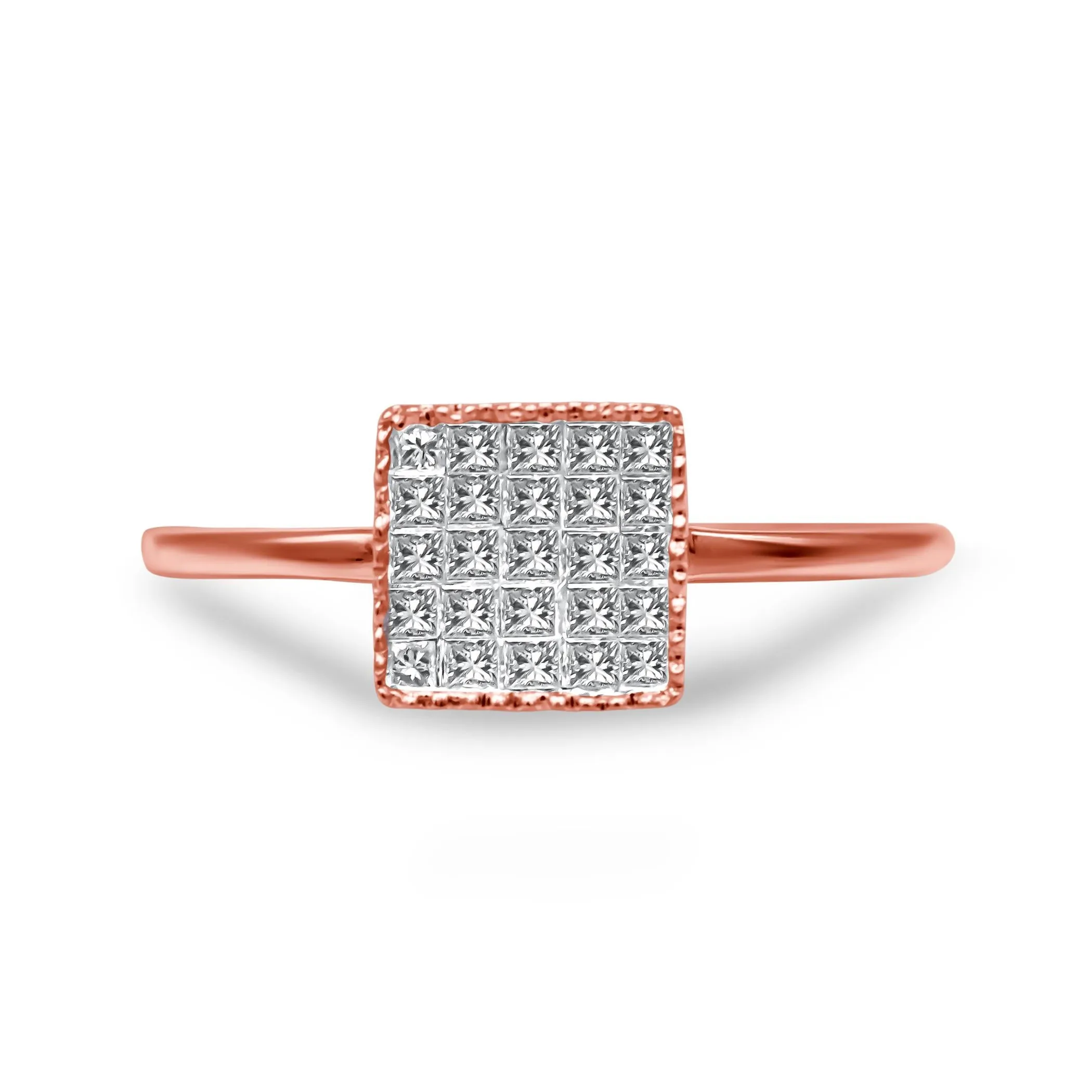 10K Rose Gold 1/3 Cttw Invisible Set Princess Cut Diamond Composite Square Shape Ring for Women (H-I color, I1-I2 clarity)