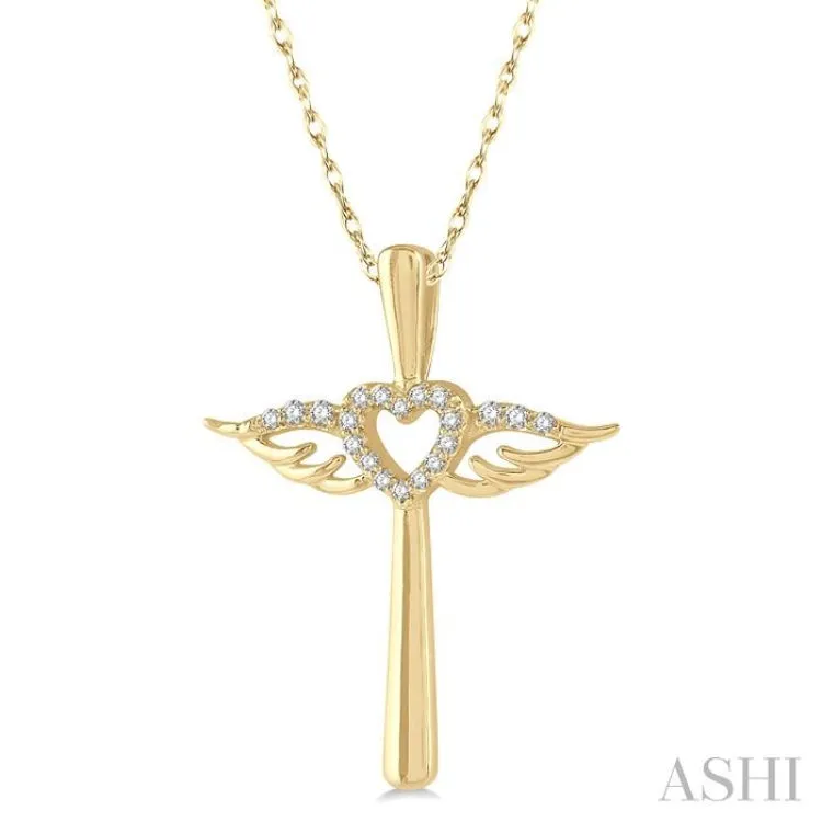 1/10 ctw Angel Wing & Heart Round Cut Diamond Cross Pendant With Chain in 10K Yellow Gold