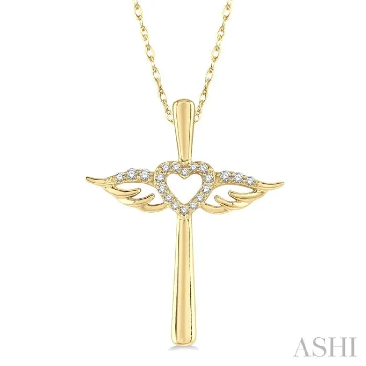 1/10 ctw Angel Wing & Heart Round Cut Diamond Cross Pendant With Chain in 10K Yellow Gold