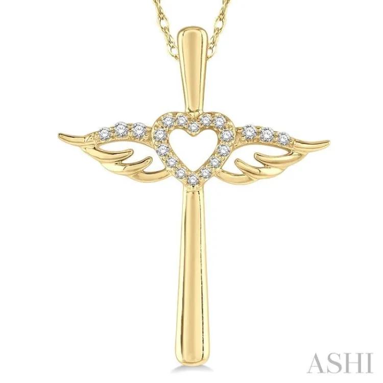 1/10 ctw Angel Wing & Heart Round Cut Diamond Cross Pendant With Chain in 10K Yellow Gold