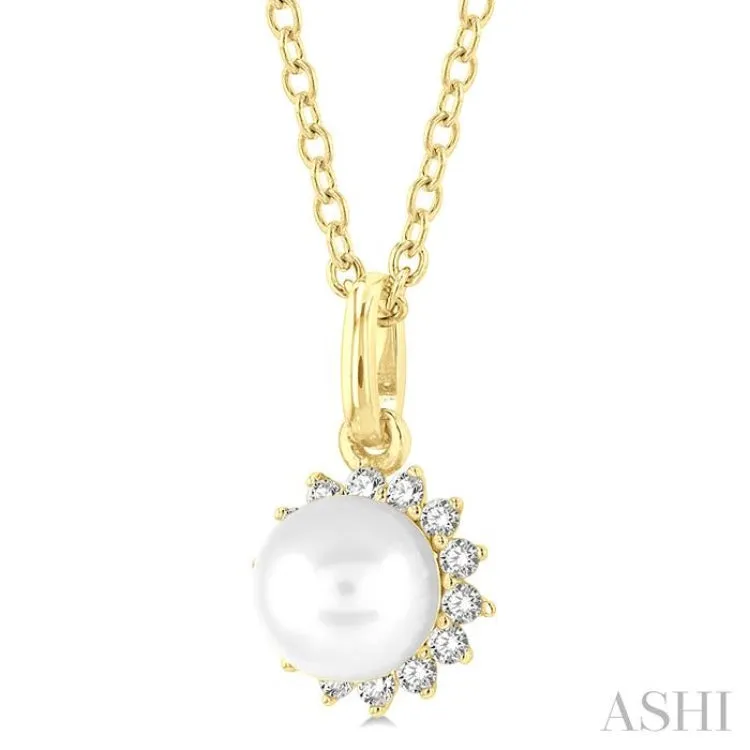 1/10 ctw Petite 6X6MM Cultured Pearl and Round Cut Diamond Fashion Pendant With Chain in 10K Yellow Gold