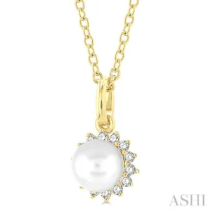 1/10 ctw Petite 6X6MM Cultured Pearl and Round Cut Diamond Fashion Pendant With Chain in 10K Yellow Gold