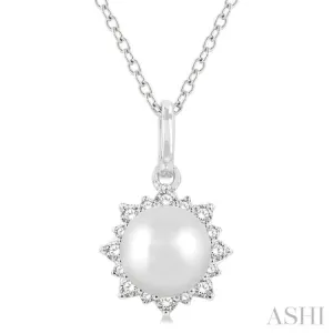 1/10 ctw Petite Sun 6X6 MM Cultured Pearl and Round Cut Diamond Fashion Pendant With Chain in 10K White Gold