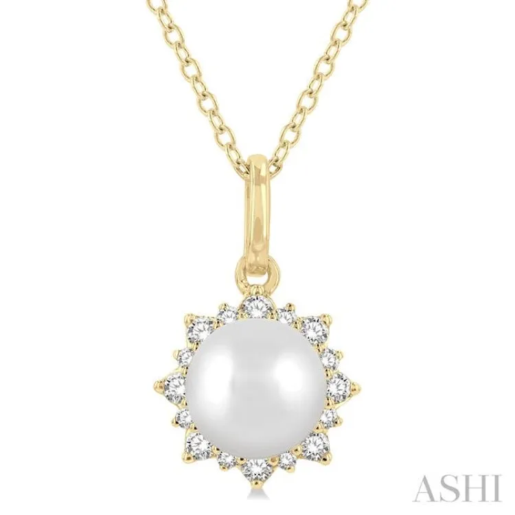 1/10 ctw Petite Sun 6X6 MM Cultured Pearl and Round Cut Diamond Fashion Pendant With Chain in 10K Yellow Gold