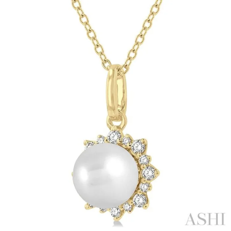 1/10 ctw Petite Sun 6X6 MM Cultured Pearl and Round Cut Diamond Fashion Pendant With Chain in 10K Yellow Gold