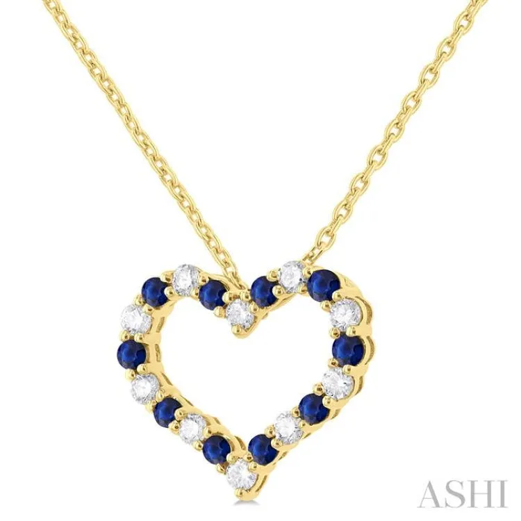 1/4 ctw Open Heart 1.80 MM Round Cut Sapphire and Round Cut Diamond Precious  Fashion Pendant With Chain in 14K Yellow Gold