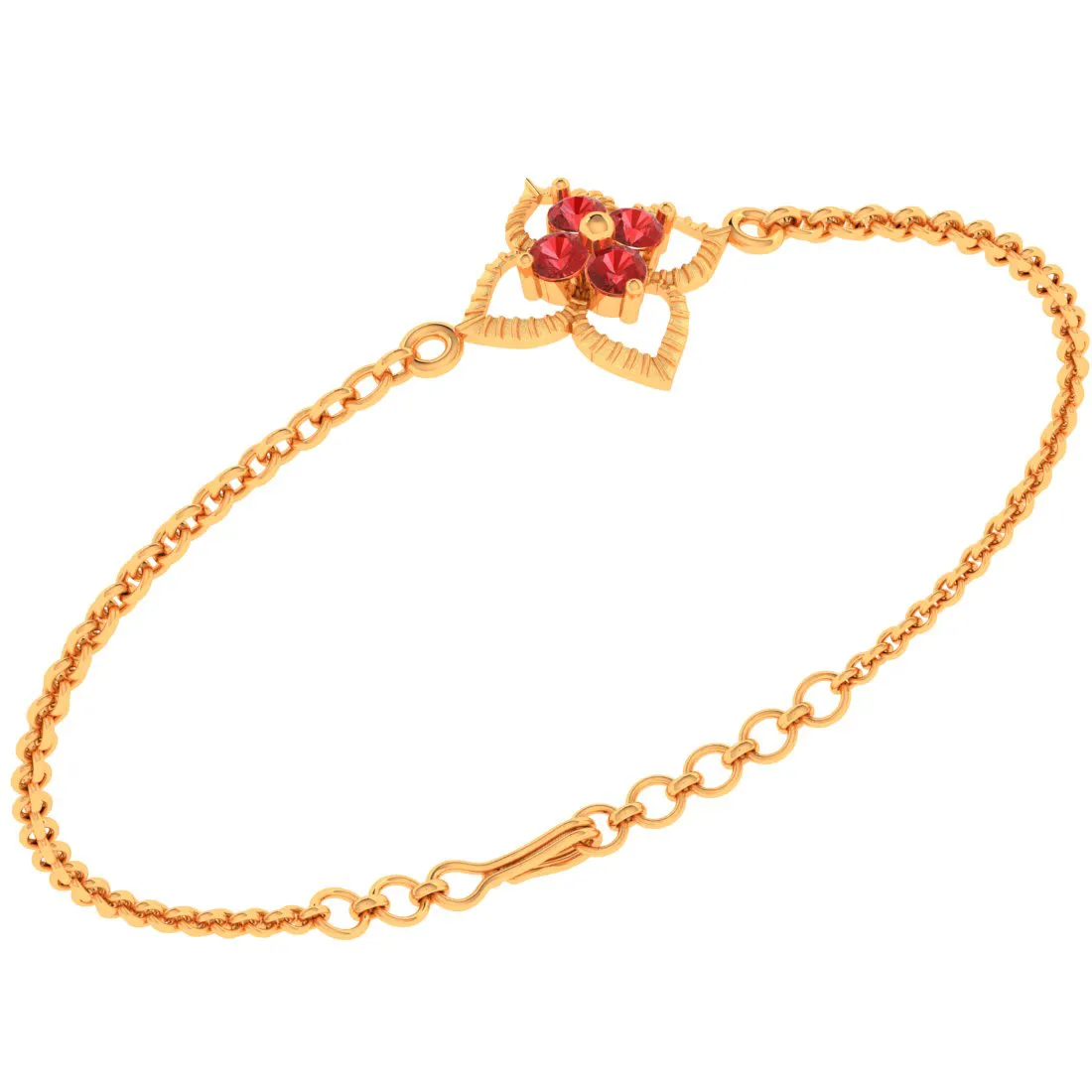 14k Gold Bracelet Floral Designed Red Gems