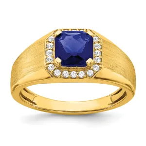 14k Yellow Gold Cushion Created Sapphire and Diamond Mens Ring