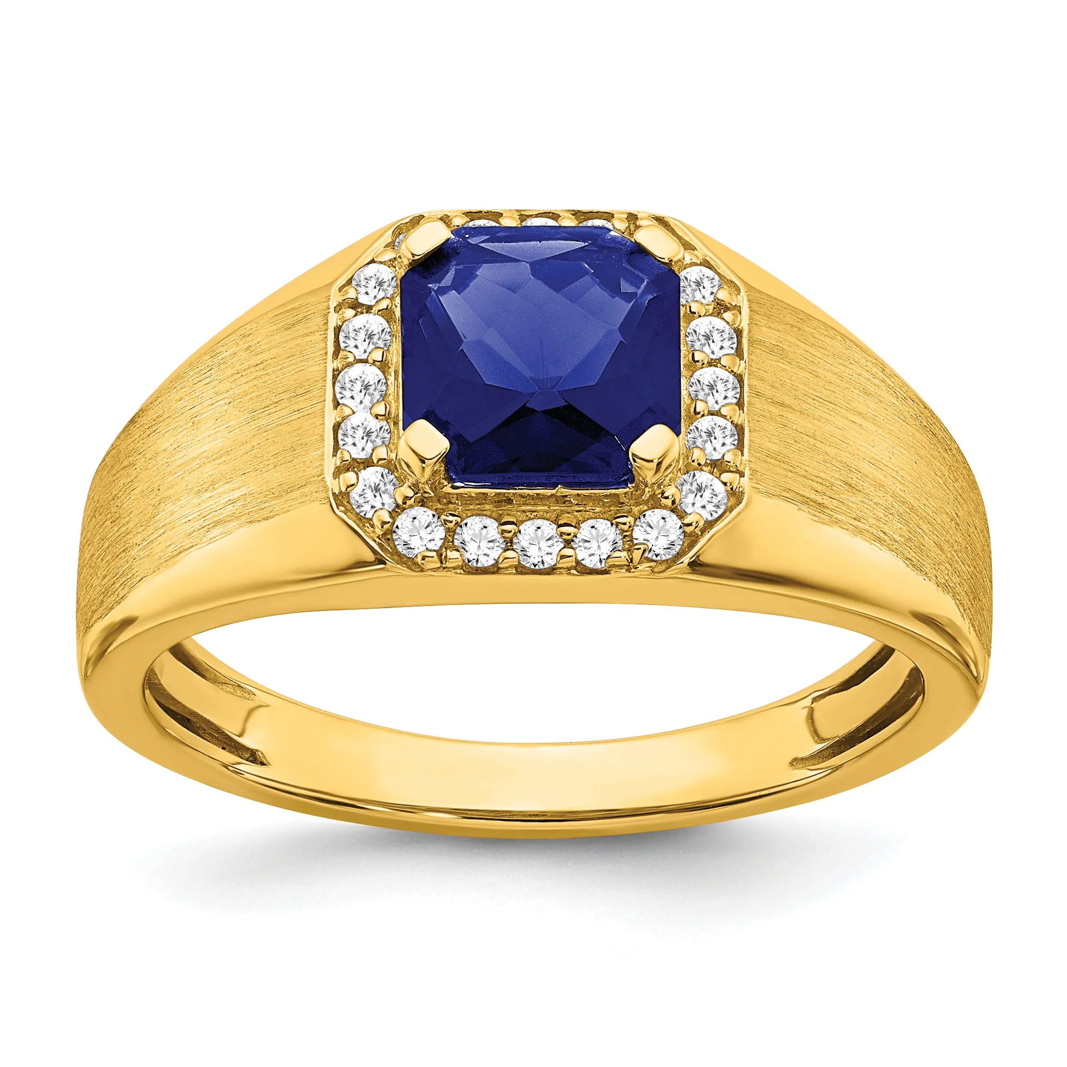 14k Yellow Gold Cushion Created Sapphire and Diamond Mens Ring