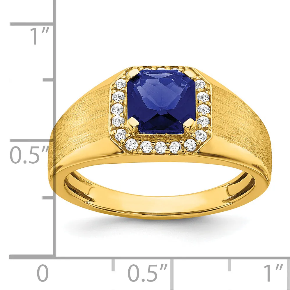 14k Yellow Gold Cushion Created Sapphire and Diamond Mens Ring