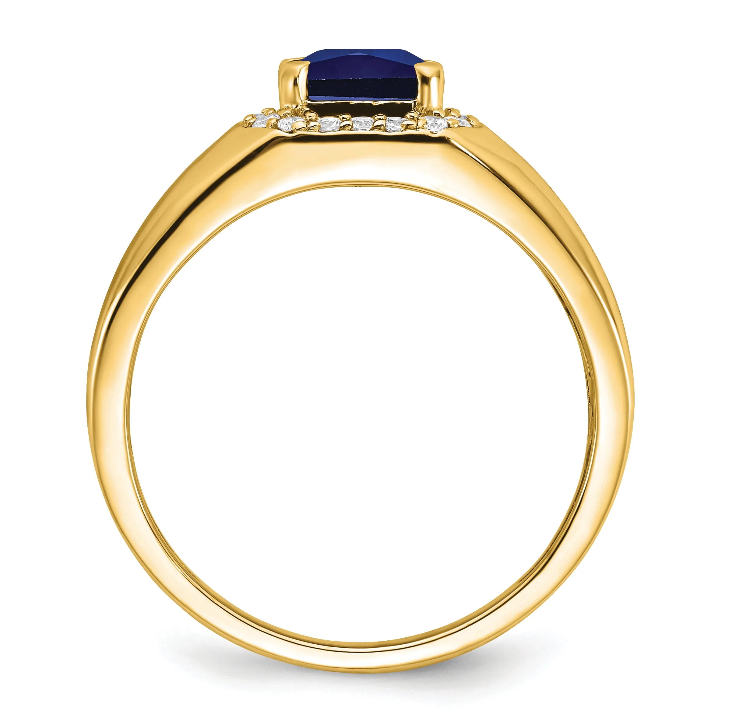 14k Yellow Gold Cushion Created Sapphire and Diamond Mens Ring