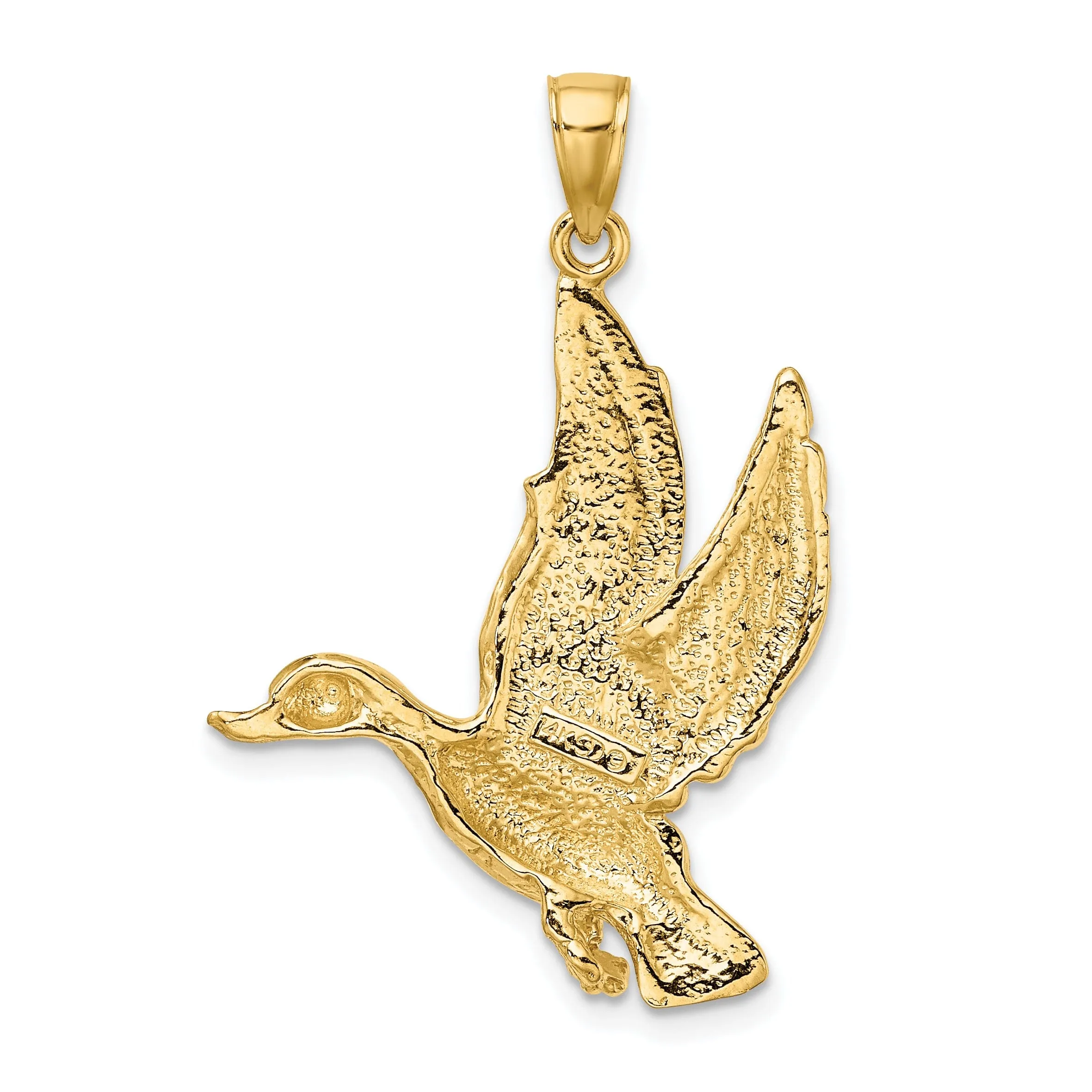 14K Yellow Gold Open Back Textured Polished Finish Flying Mallard Duck Charm Pendant