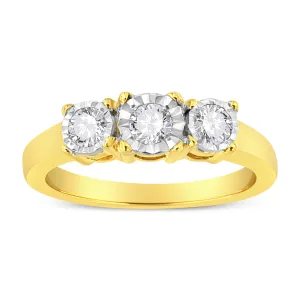 14K Yellow Gold Plated .925 Sterling Silver 1/2 Cttw Diamond Three Stone Illusion Plate Ring (J-K Color, I1-I2 Clarity)