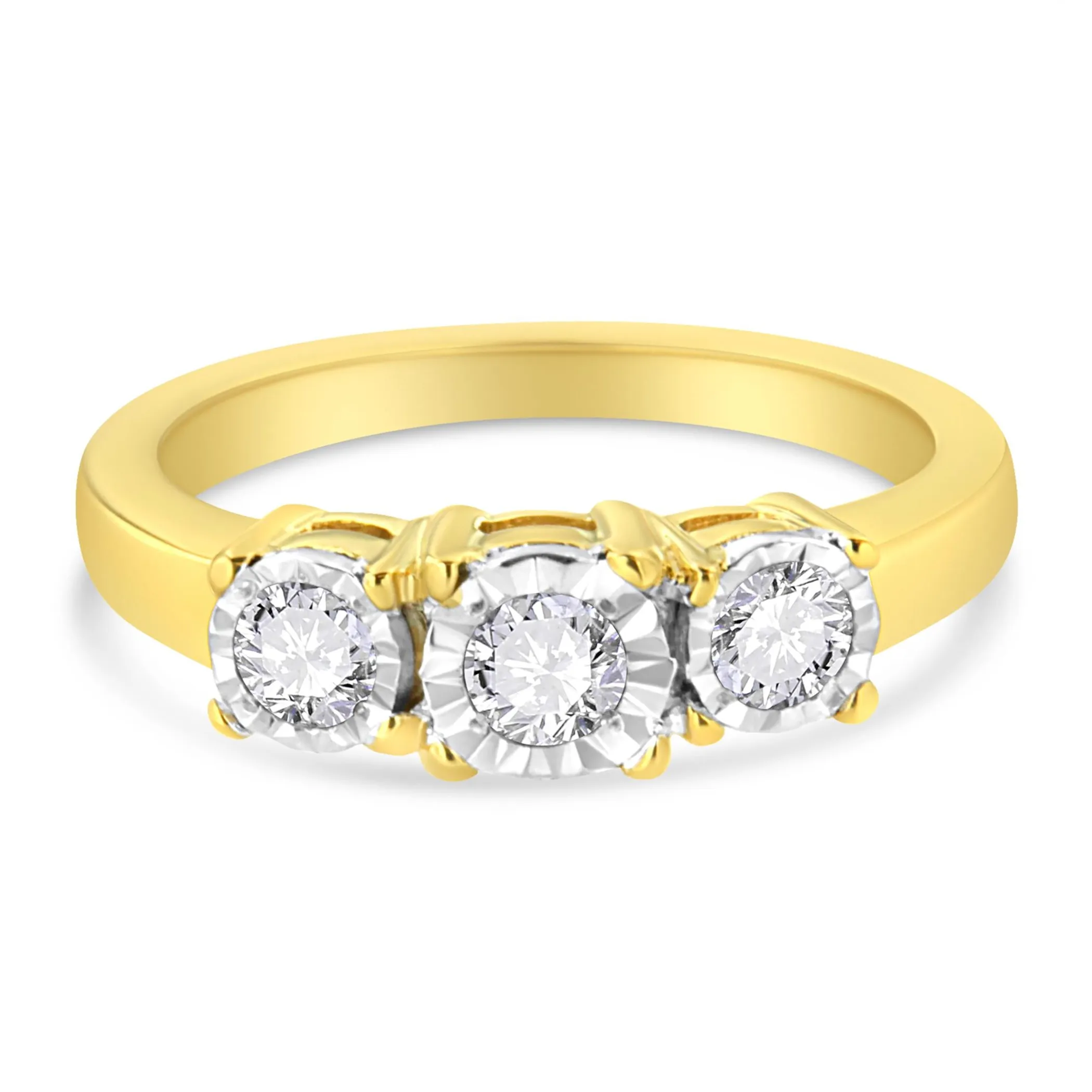 14K Yellow Gold Plated .925 Sterling Silver 1/2 Cttw Diamond Three Stone Illusion Plate Ring (J-K Color, I1-I2 Clarity)