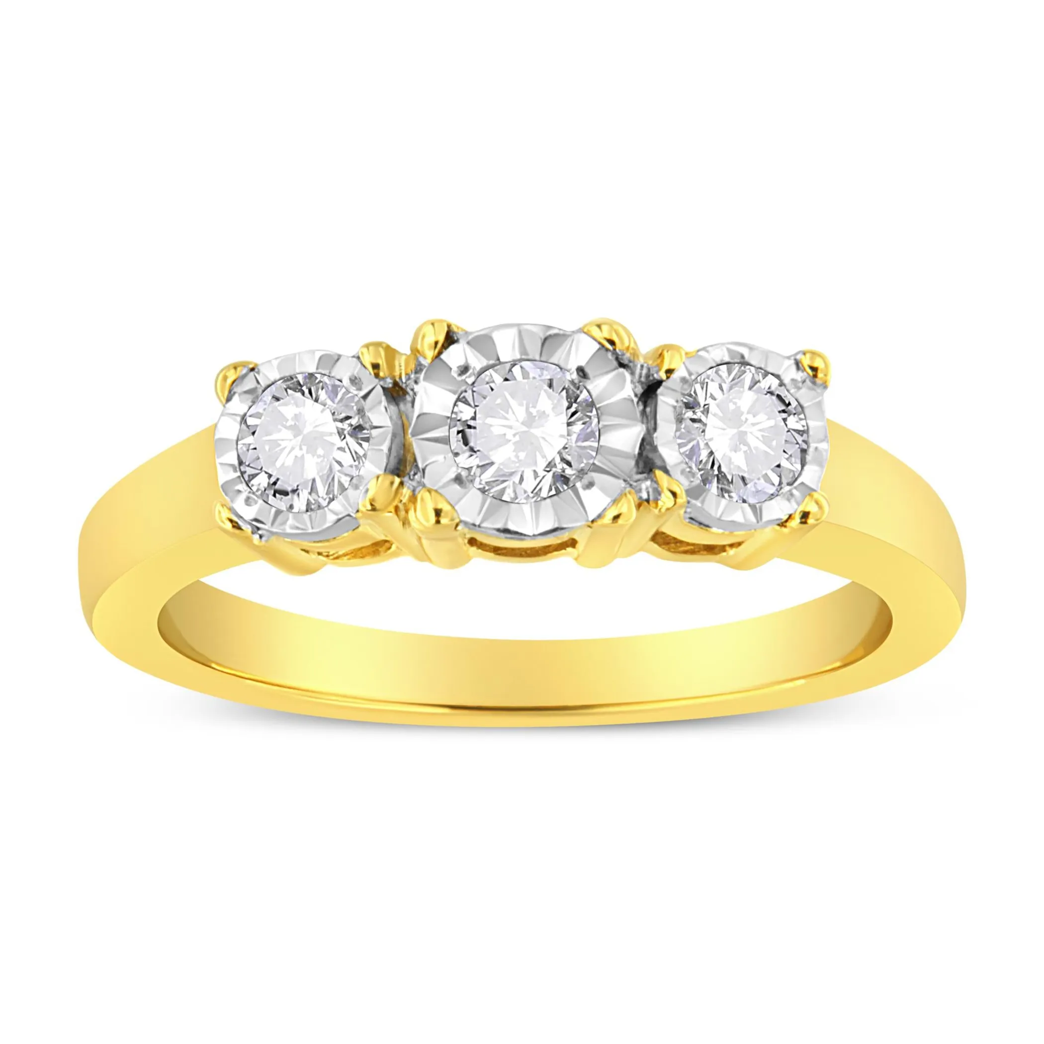 14K Yellow Gold Plated .925 Sterling Silver 1/2 Cttw Diamond Three Stone Illusion Plate Ring (J-K Color, I1-I2 Clarity)