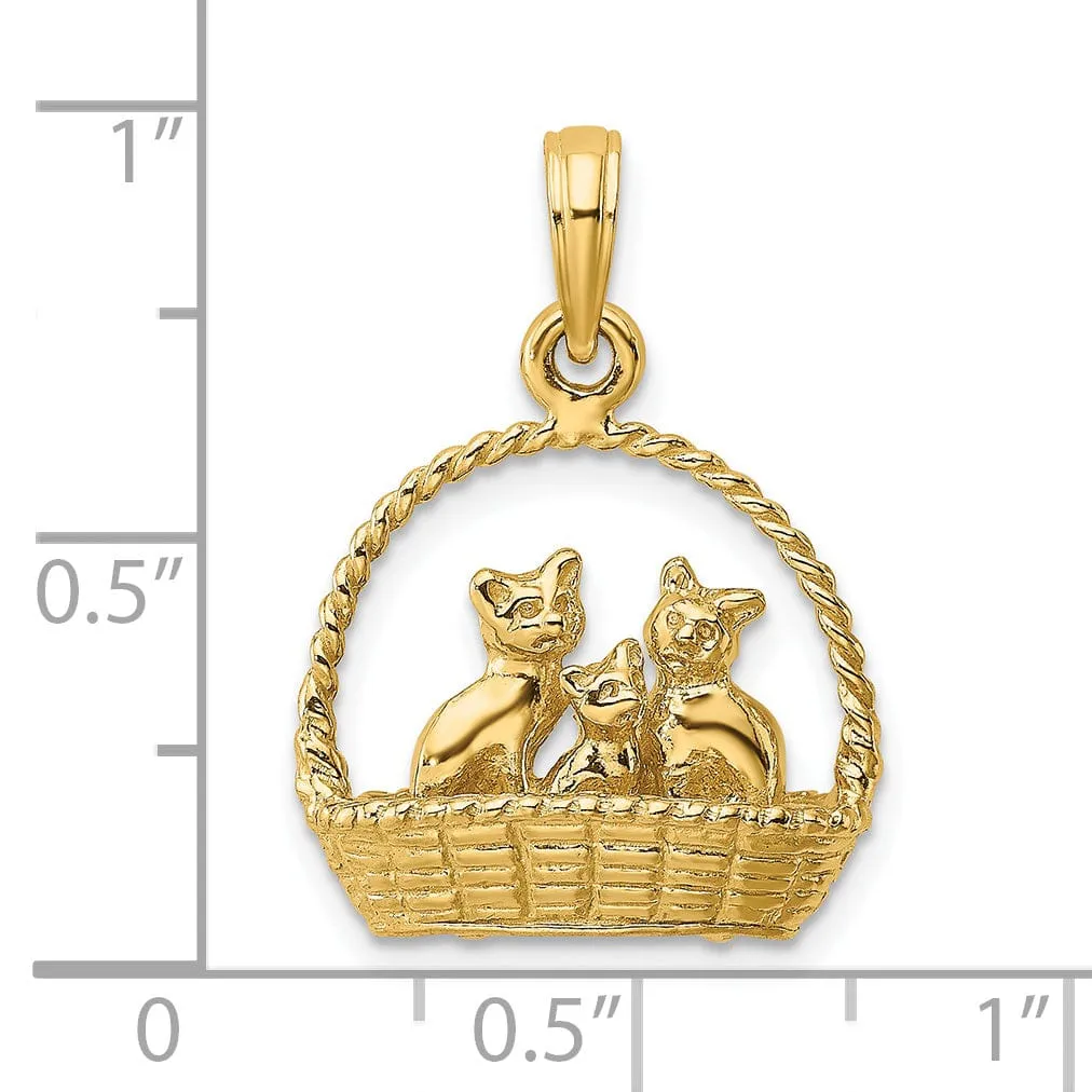 14K Yellow Gold Polished Finish 3-Dimensional Cats Inside Of a Basket Design Charm Pendant