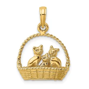 14K Yellow Gold Polished Finish 3-Dimensional Cats Inside Of a Basket Design Charm Pendant