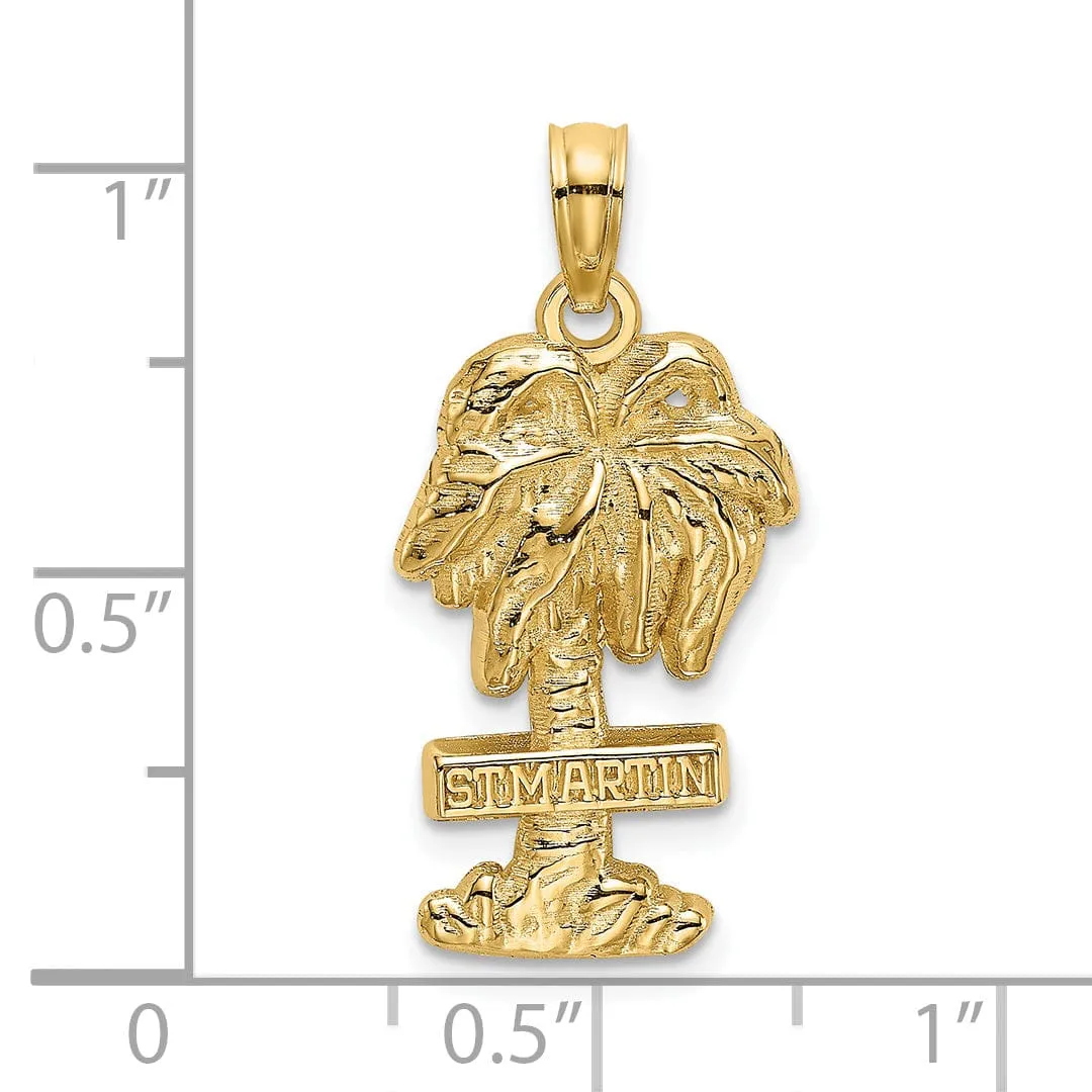 14K Yellow Gold Polished Finish Flat Back 2-Dimensional Saint MARTIN On Palm Tree Design Charm Pendant