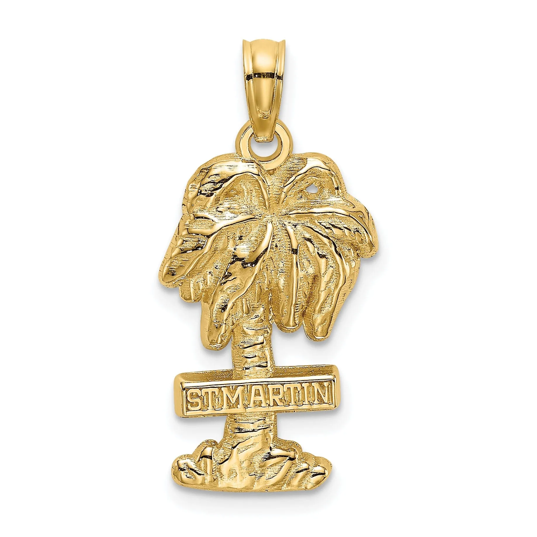 14K Yellow Gold Polished Finish Flat Back 2-Dimensional Saint MARTIN On Palm Tree Design Charm Pendant