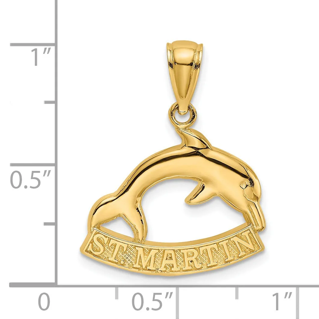 14K Yellow Gold Polished Finish Flat Back 2-Dimensional ST. MARTIN With Dolphin Charm Pendant