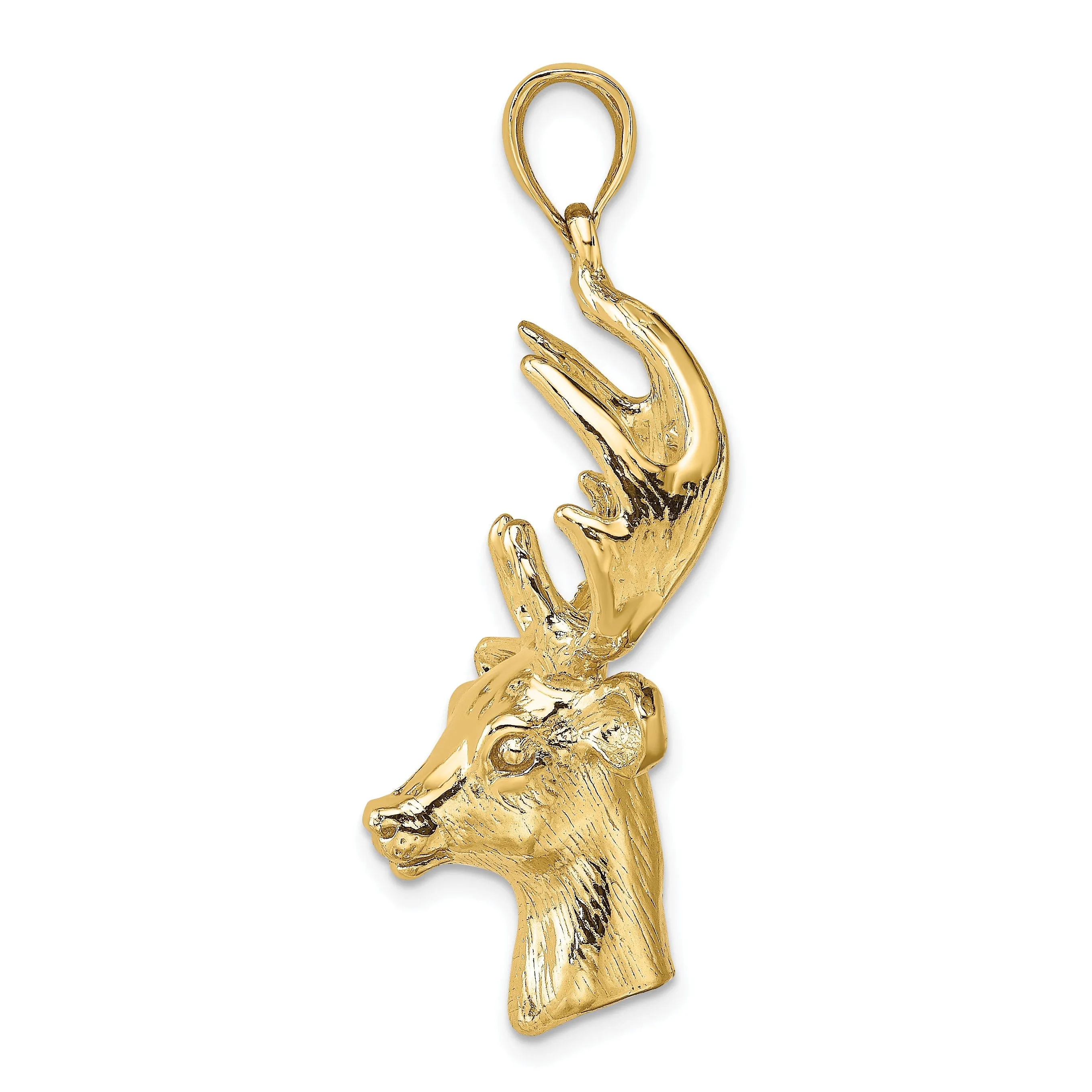 14K Yellow Gold Polished Finish Textured 3-Dimensional Deer Head with Antlers Charm Pendant