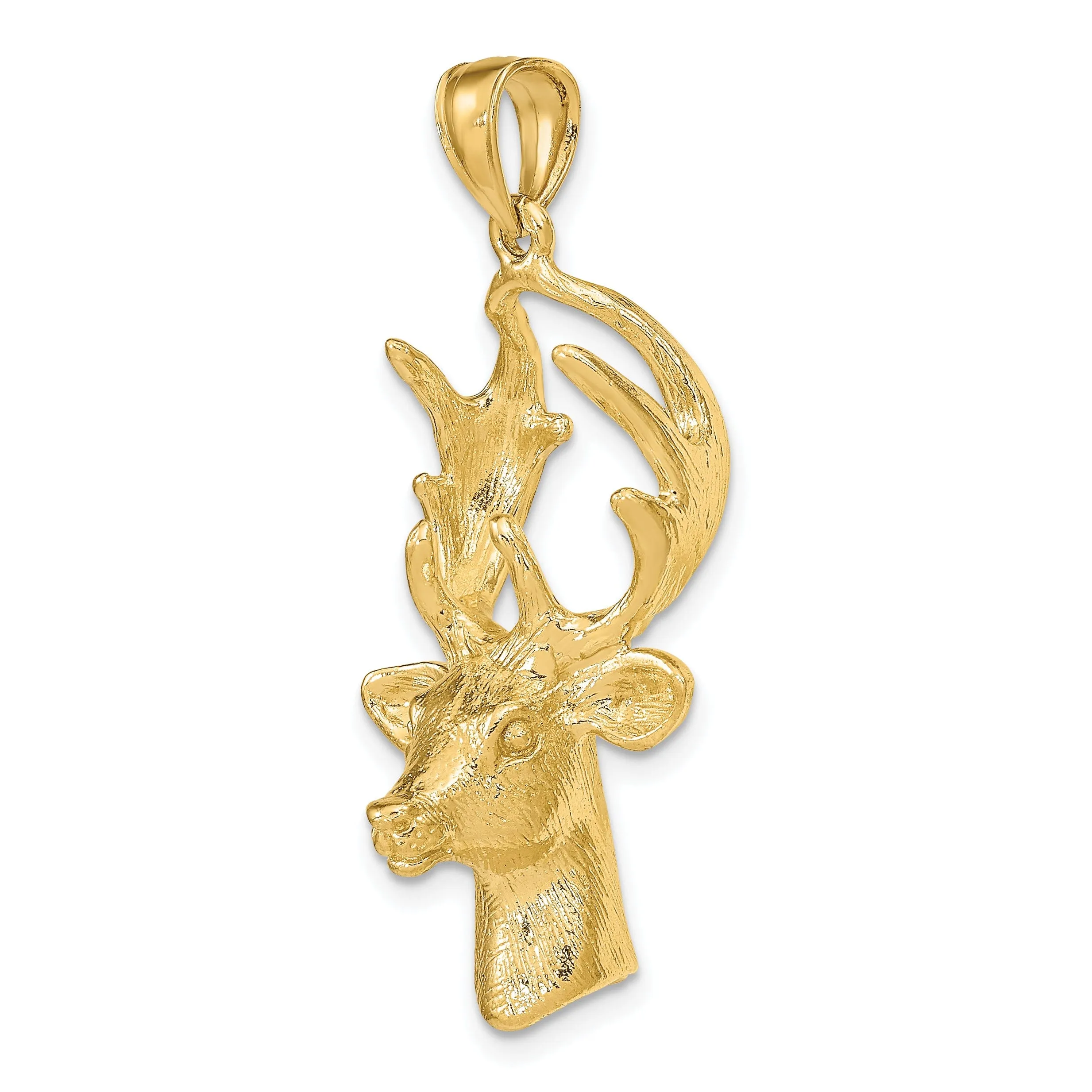 14K Yellow Gold Polished Finish Textured 3-Dimensional Deer Head with Antlers Charm Pendant