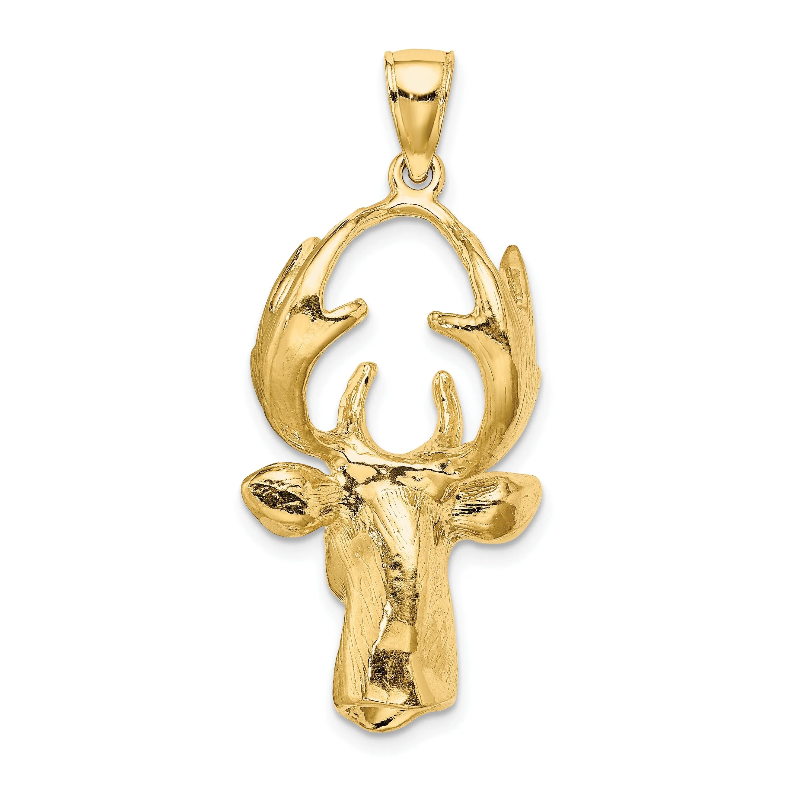 14K Yellow Gold Polished Finish Textured 3-Dimensional Deer Head with Antlers Charm Pendant