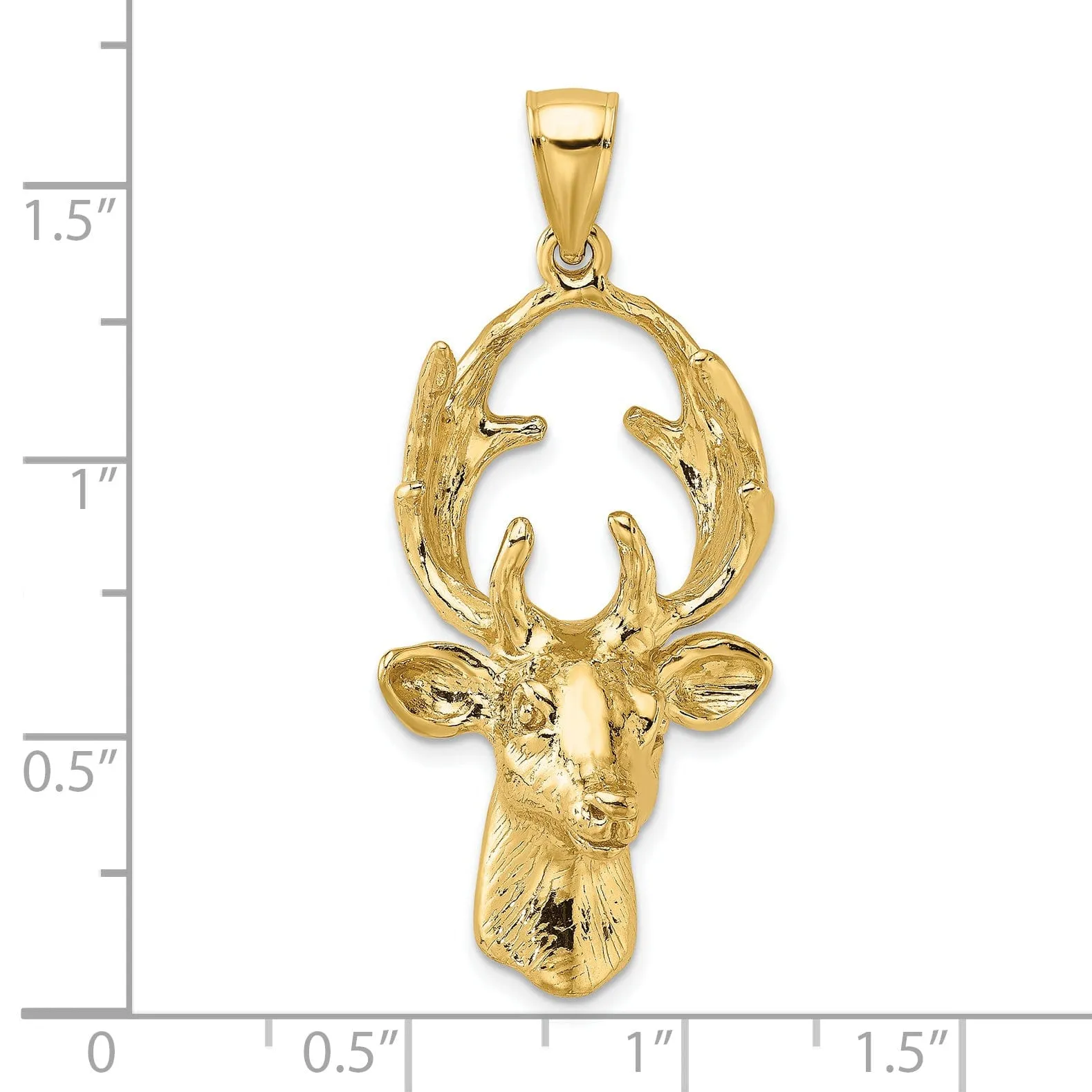 14K Yellow Gold Polished Finish Textured 3-Dimensional Deer Head with Antlers Charm Pendant