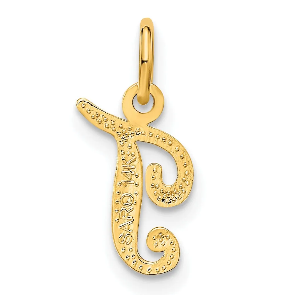 14K Yellow Gold Small Script Design Letter T Initial Charm Pendant