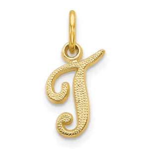 14K Yellow Gold Small Script Design Letter T Initial Charm Pendant