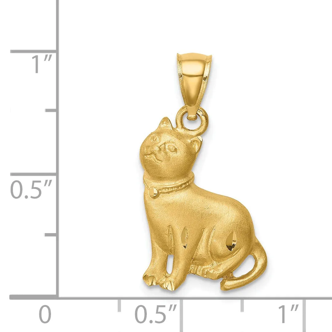 14K Yellow Gold Solid Brushed Diamond Cut Finish Sitting Cat Design Charm Pendant