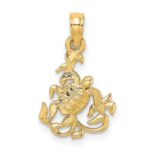 14k Yellow Gold Solid Casted Polished and Textured Finish Mini Sea Turtle and Kelp Charm Pendant