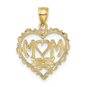 14K Yellow Gold Solid Polished Textured Finish MOM Heart Charm