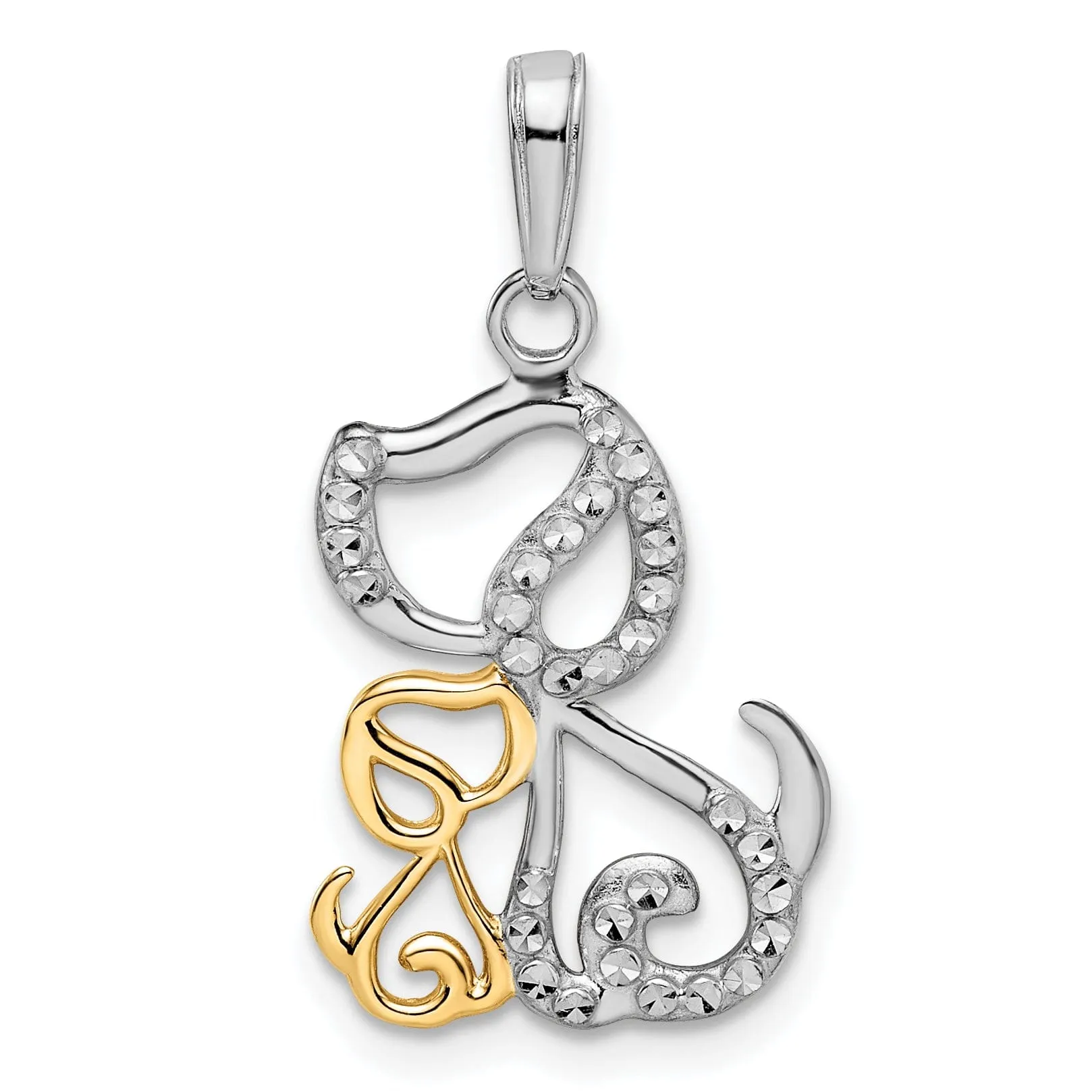 14k Yellow Gold White Rhodium Flat Back Solid Polished Diamond Cut Finish Big Dog and Puppy Design Charm Pendant