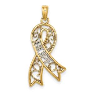 14k Yellow Gold White Rhodium Open Back Polished Finish Filigree Design Ribbon HOPE Charm Pendant