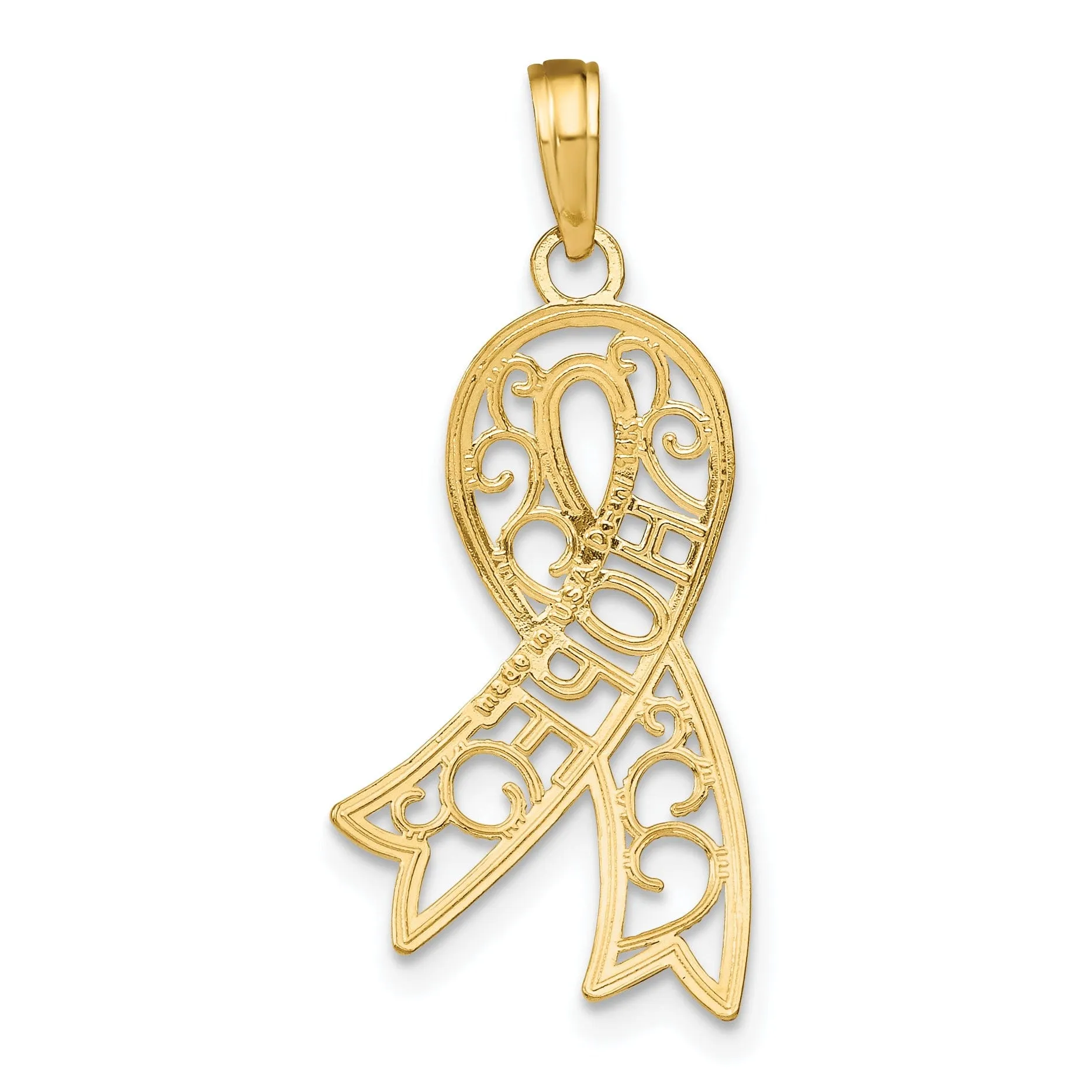 14k Yellow Gold White Rhodium Open Back Polished Finish Filigree Design Ribbon HOPE Charm Pendant