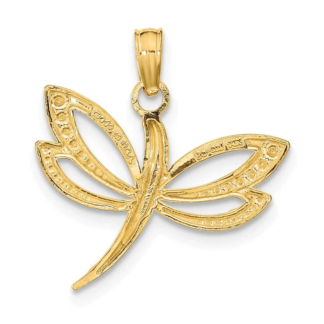 14k Yellow Gold White Rhodium Open Back Textured Polished Finish Dragonfly Design Charm Pendant