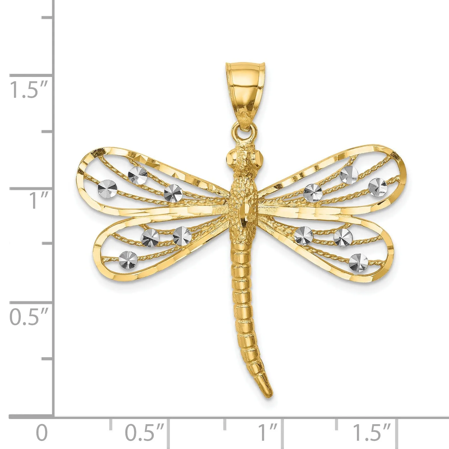 14k Yellow Gold White Rhodium  Solid Diamond Cut Polished Finish Dragonfly Charm Pendant