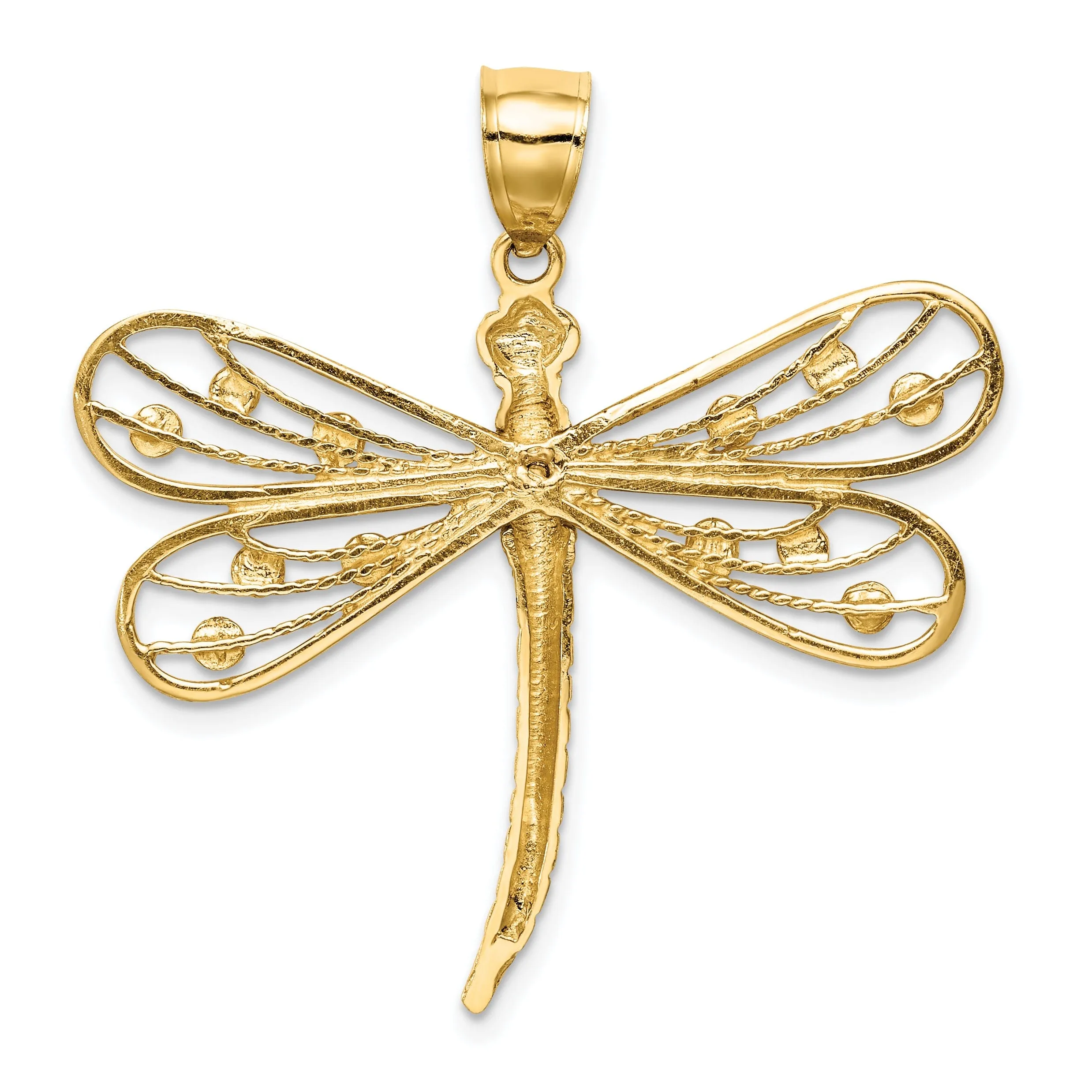 14k Yellow Gold White Rhodium  Solid Diamond Cut Polished Finish Dragonfly Charm Pendant