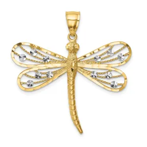 14k Yellow Gold White Rhodium  Solid Diamond Cut Polished Finish Dragonfly Charm Pendant