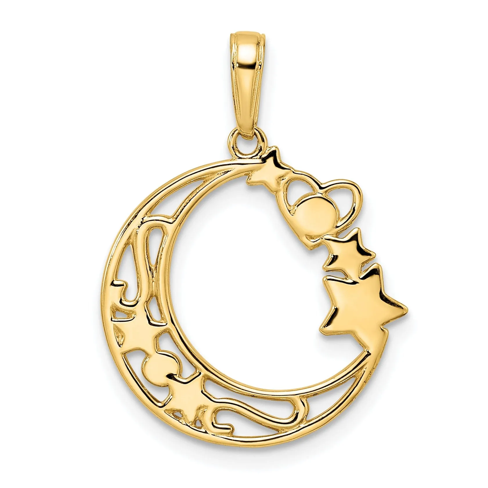 14k Yellow Gold White Rhodium Solid Open Back Diamond Cut Polished Finish Heart, Star & Moon Charm Pendant