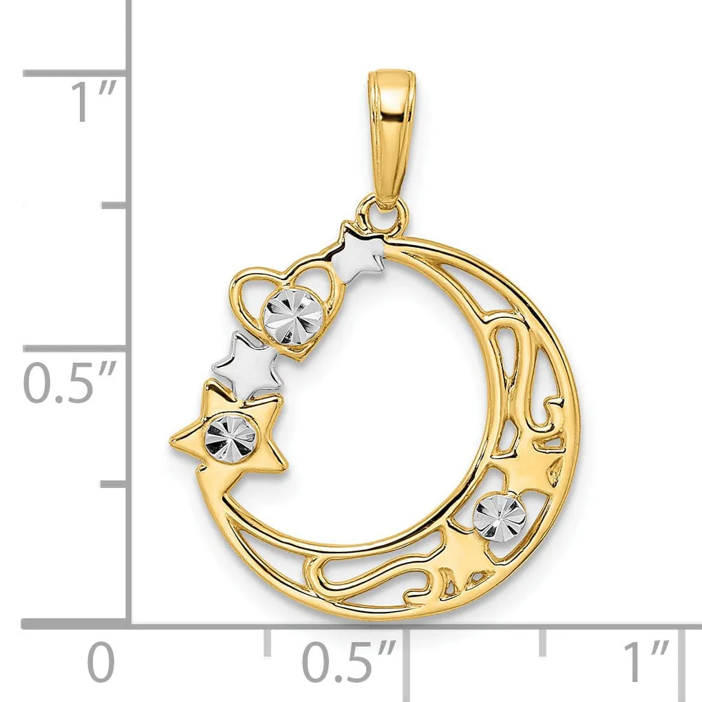 14k Yellow Gold White Rhodium Solid Open Back Diamond Cut Polished Finish Heart, Star & Moon Charm Pendant