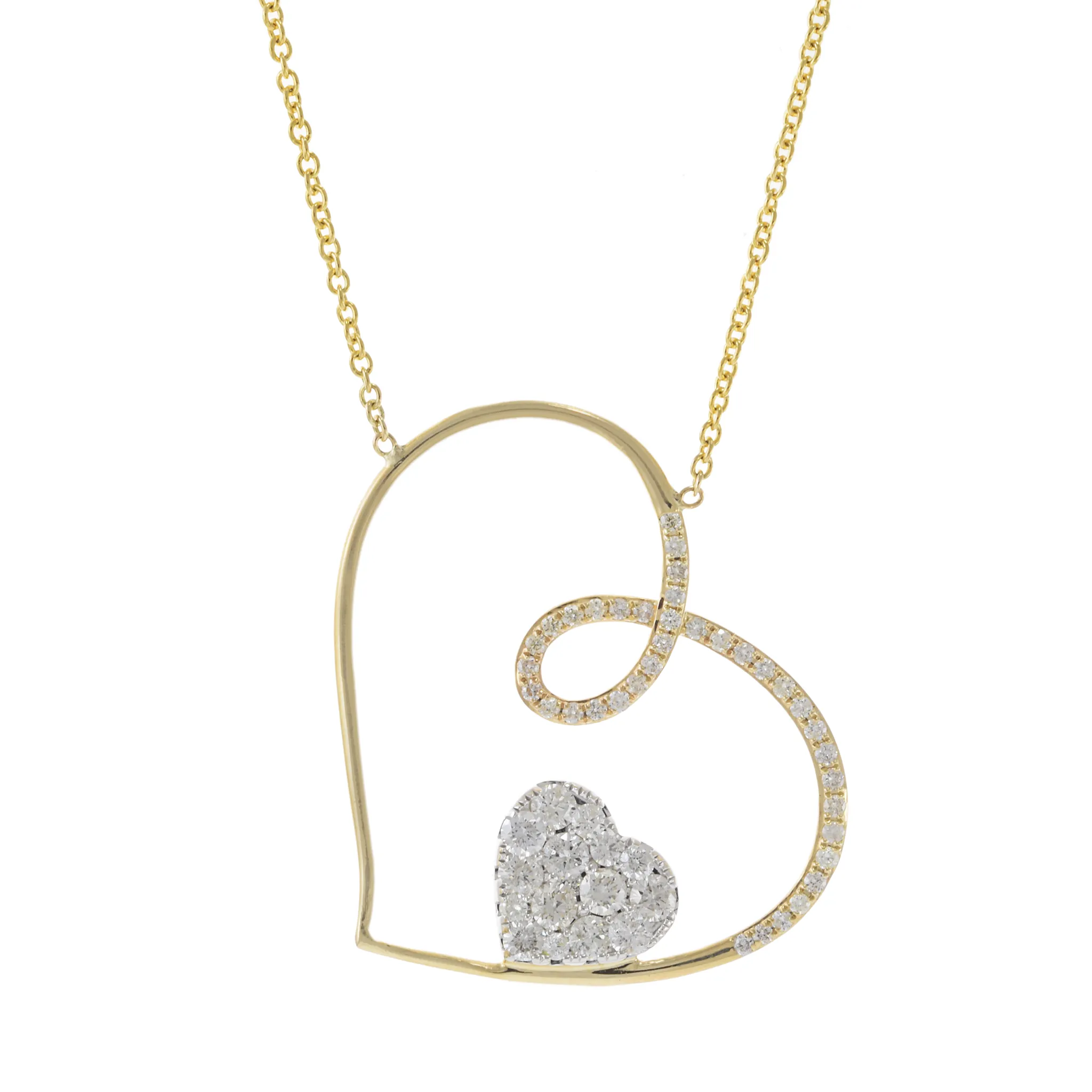 14KT Yellow Gold Slanted Heart Necklace with Floating Diamond Heart Pendant