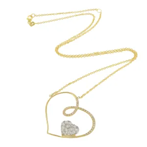 14KT Yellow Gold Slanted Heart Necklace with Floating Diamond Heart Pendant