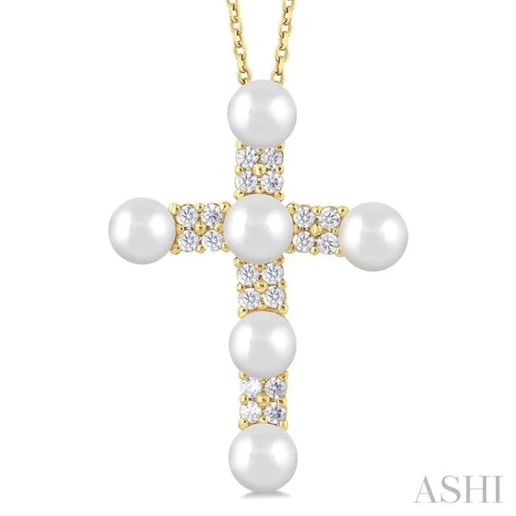 1/5 ctw Cross 4X4 MM Cultured Pearl and Round Cut Diamond Semi Precious Fashion Pendant With Chain in 10K Yellow Gold