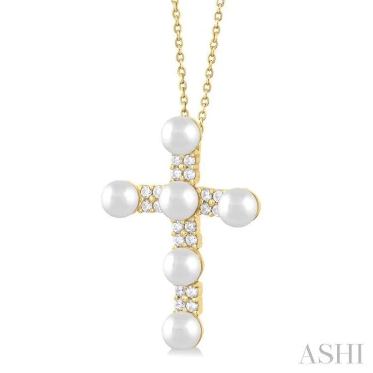 1/5 ctw Cross 4X4 MM Cultured Pearl and Round Cut Diamond Semi Precious Fashion Pendant With Chain in 10K Yellow Gold