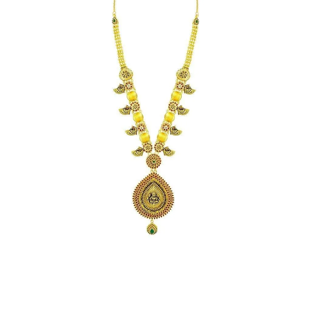 22K Yellow Gold Necklace & Earrings Set W/ CZ, Ruby, Emeralds, Pear Shaped Laxmi Pendants & Gold Ball Accents