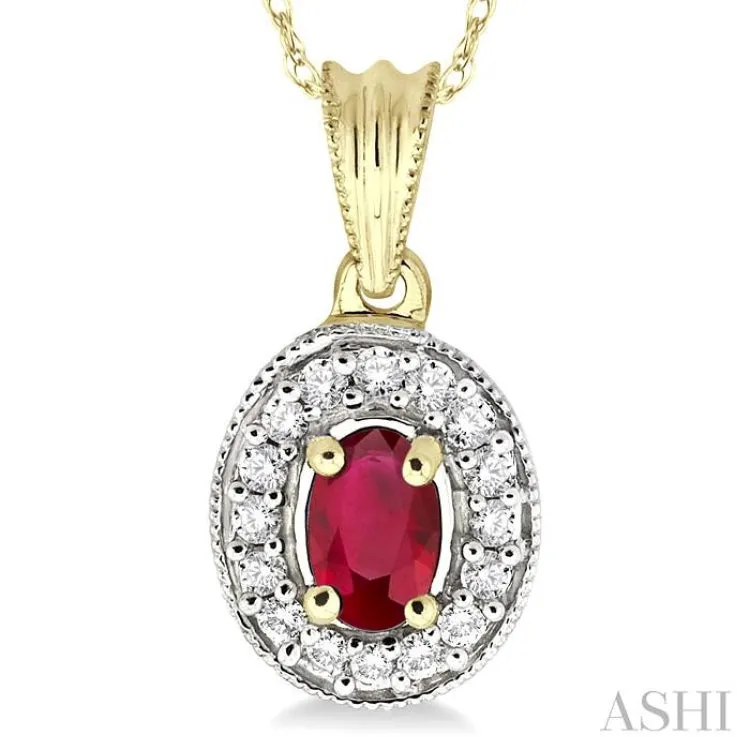 6x4 MM Oval Cut Ruby and 1/5 Ctw Round Cut Diamond Pendant in 14K Yellow Gold with Chain