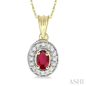 6x4 MM Oval Cut Ruby and 1/5 Ctw Round Cut Diamond Pendant in 14K Yellow Gold with Chain